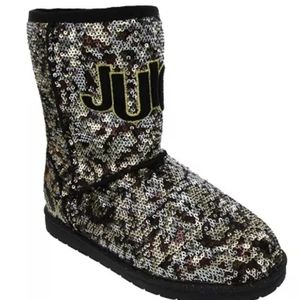 NWOT Women's Juicy Couture Sequence Boots. Color black & Gold SIZE 10.